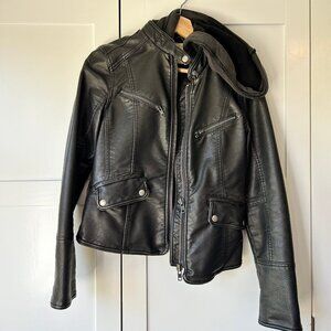 Free People Vegan Leather Jacket, black with fabric hood